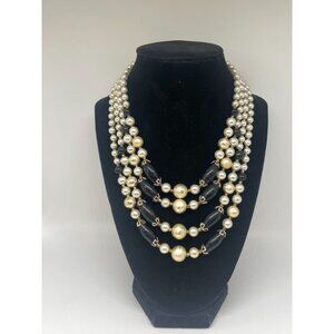 Vintage Japan Multi Strand Faux Pearl Black Gold Beaded Adjustable Necklace
